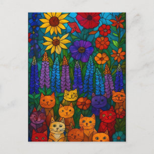 Garden of Cats Stained-Glass Cat Art with Flowers Postcard