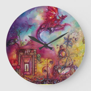 GARDEN OF  LOST SHADOWS ,FLYING RED DRAGON Fantasy Large Clock