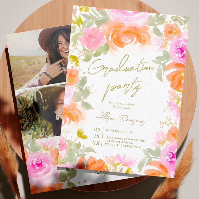 Garden orange wild flowers photo graduation invitation (Garden orange wild flowers photo graduation invitation)
