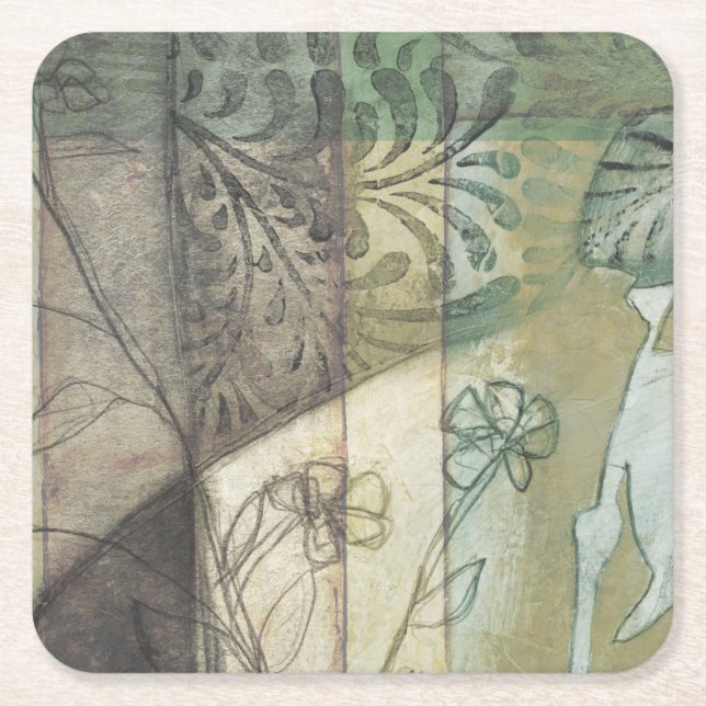 Garden Panel with Leaves, Flowers, and Grass Square Paper Coaster (Front)