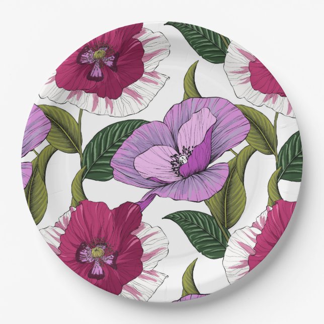 Garden party florals in lush pink and purple poppy paper plate (Front)