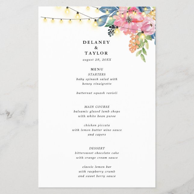 Garden Party, Flowers and Twinkle Lights Menu (Front)