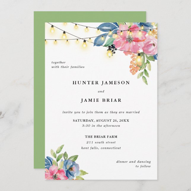 Garden Party, Flowers and Twinkle Lights Wedding Invitation (Front/Back)