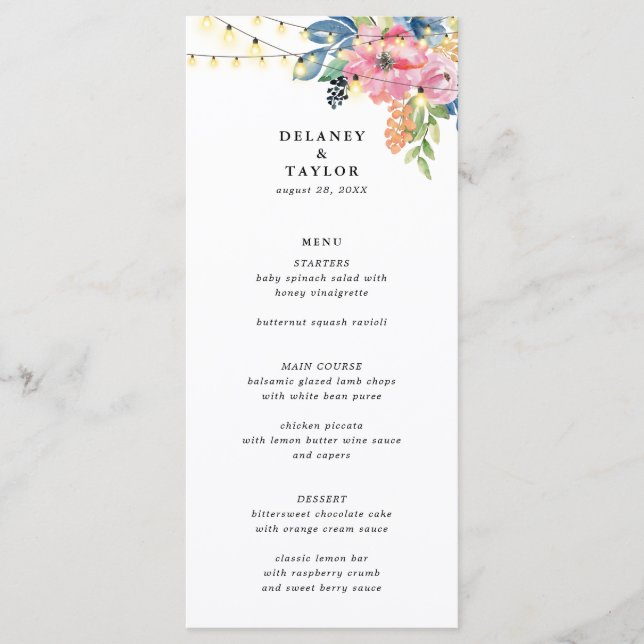 Garden Party, Flowers and Twinkle Lights Wedding Menu (Front)