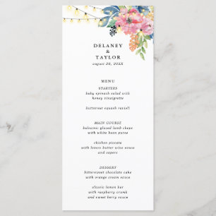 Garden Party Flowers & Twinkle Lights Blue Wedding Menu