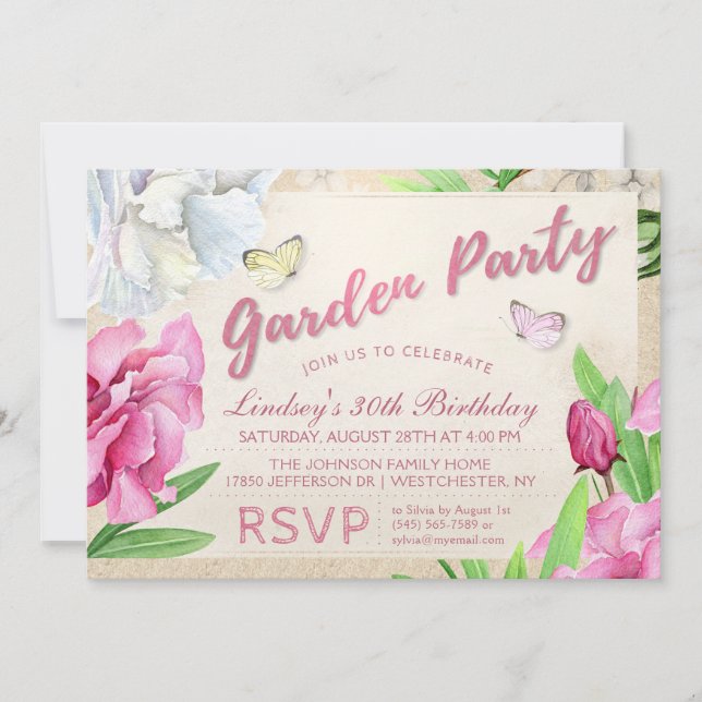 Garden Party Pink Floral with Butterflies Invite (Front)