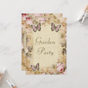 Garden Party Vintage Pearls Lace Roses Butterfly Invitation