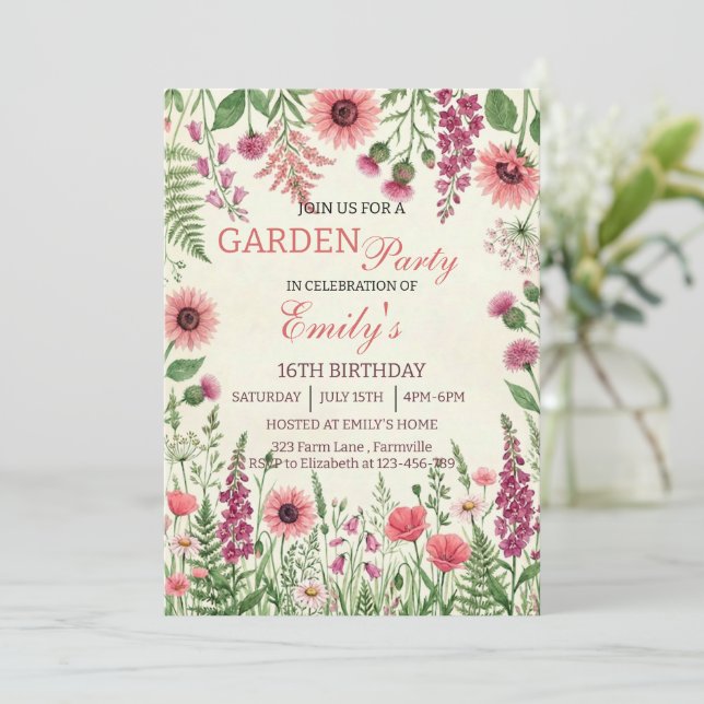 Garden Party Watercolor Wildflower Floral Birthday Invitation (Standing Front)