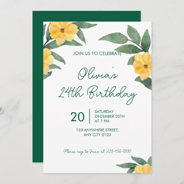 Garden Party Yellow Floral Birthday Invitation (Front/Back)