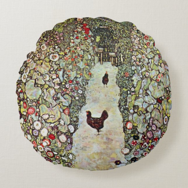 Garden Path w Chickens, Gustav Klimt, Art Nouveau Round Cushion (Front)