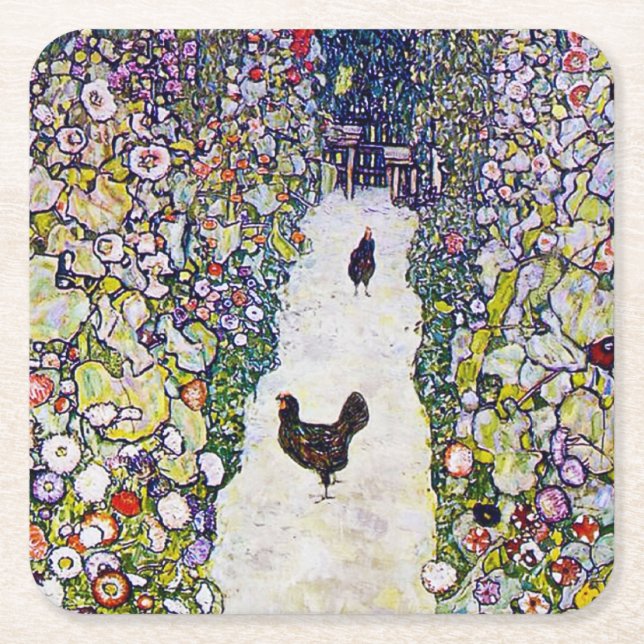 Garden Path with Chickens, Gustav Klimt Square Paper Coaster (Front)