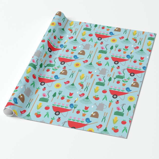 Garden Pattern Spring Flowers and Gardening Tools Wrapping Paper (Unrolled)