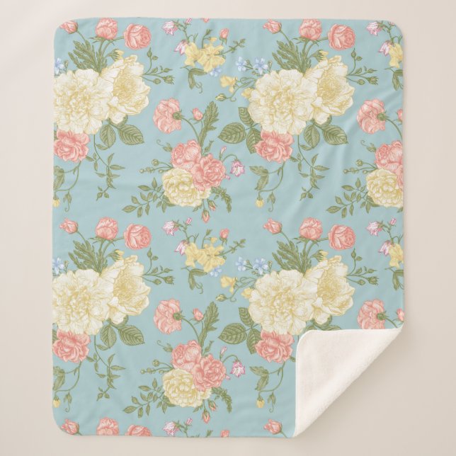 Garden Peony Floral Pattern Sherpa Blanket (Front)