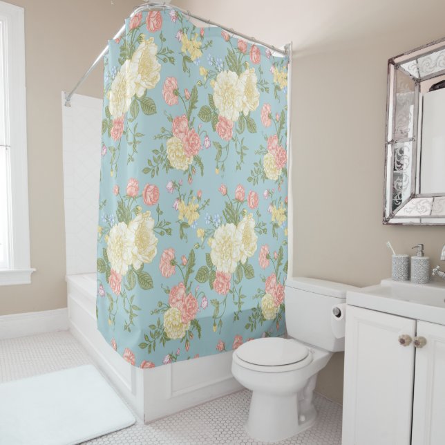 Garden Peony Floral Pattern Shower Curtain (In Situ)