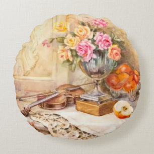 Garden Pink and Peach Roses, Apples and a Violin Round Cushion