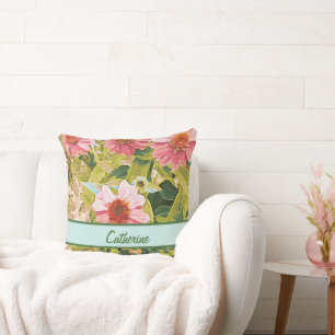 Garden Pink Coneflowers Leaves Name Personalised Cushion