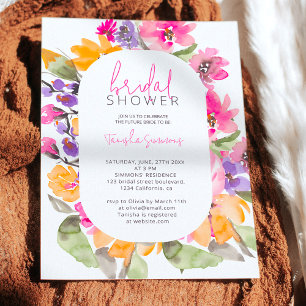Garden pink floral watercolor script bridal shower invitation