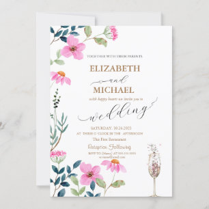 Garden Pink Flowers Champagne Glass Wedding Invitation