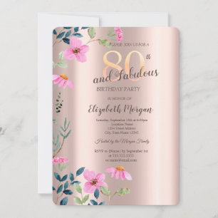Garden Pink Flowers Rose Gold 80th Birthday Invitation