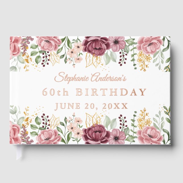 Garden Pink Summer Rose  Floral 60th Birthday Foil Guest Book (Front)