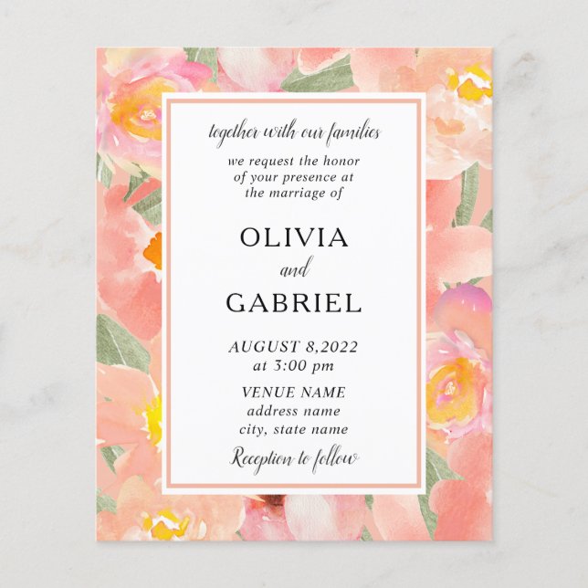 Garden pink watercolor Flowers Modern chic wedding Flyer (Front)