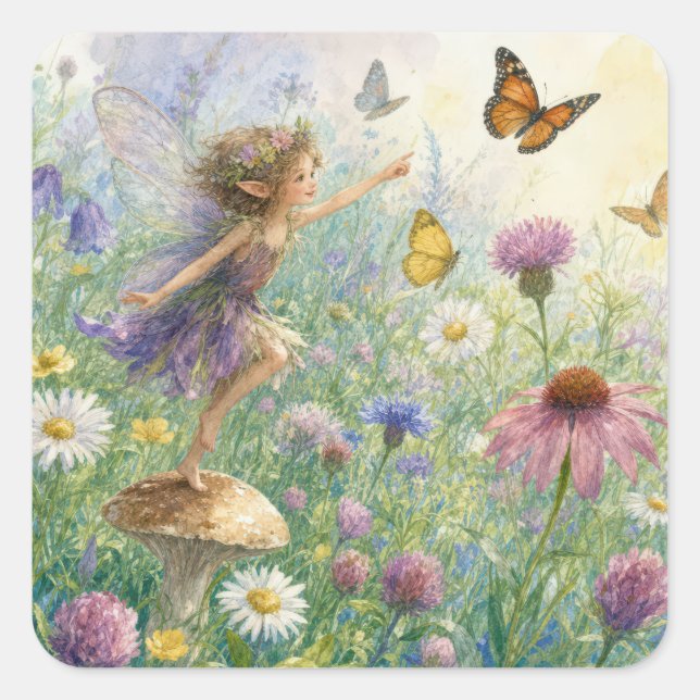Garden Pixie with Butterflies Square Sticker (Front)