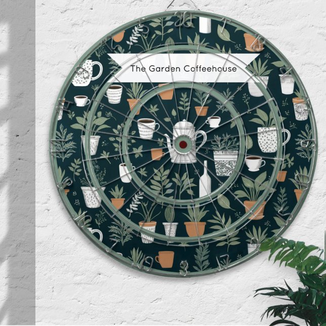 Garden Plants and Coffee Personalized Dartboard (A modern dartboard with garden plants and coffee design, with custom text)