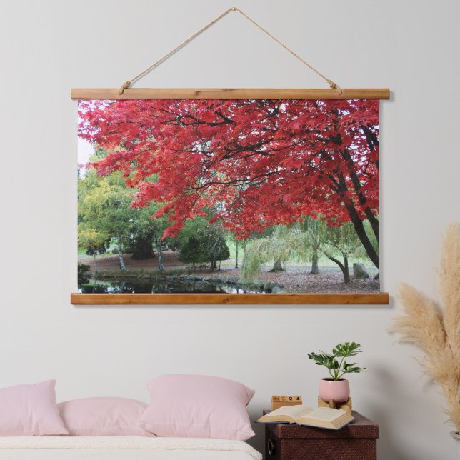 Garden Pond Autumn Coloured Maple Leaves Hanging Tapestry (Bedroom)