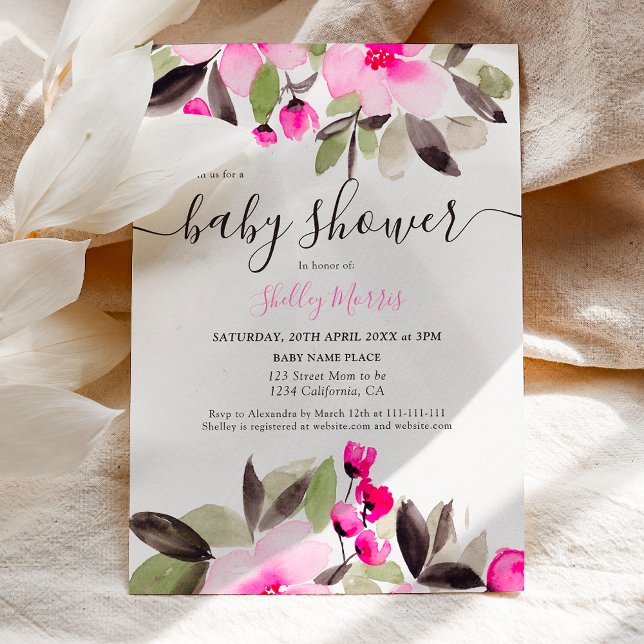 Garden pretty pink floral watercolor baby shower invitation (Garden pretty pink floral watercolor baby shower invitation)