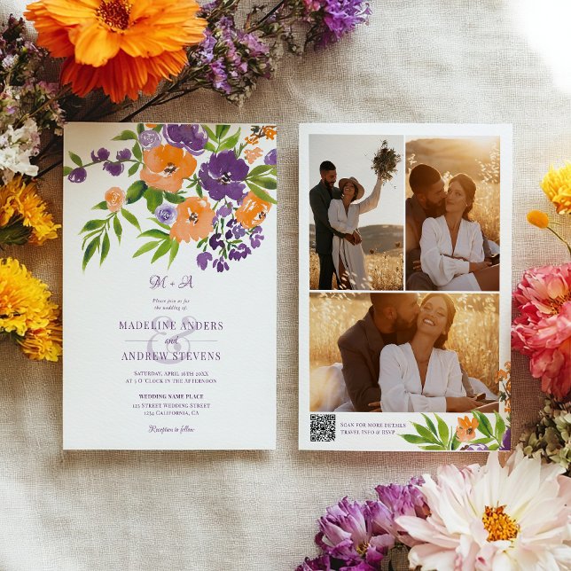 Garden Purple Orange Floral photos Qr code wedding Invitation (Garden Purple Orange Floral photos Qr code wedding Invitation)