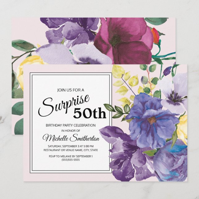 Garden Purple Yellow Pink Floral 50th Birthday Invitation (Front/Back)