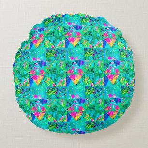 Garden Quilt Painting with Hydrangea and Blues Round Cushion