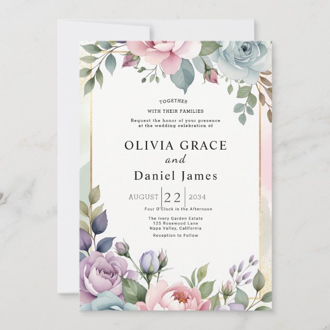 Garden Romantic Pastel Watercolor Floral Wedding Invitation (Front)