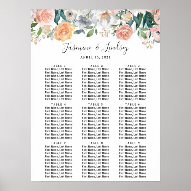 Garden Rose 9 Table Wedding Seating Chart Poster (Front)