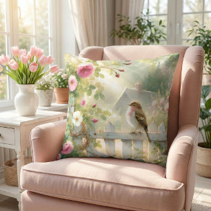 Garden Rose Bird Watercolor Scene Cushion