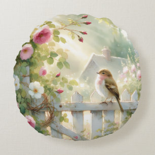 Garden Rose Bird Watercolor Scene Round Cushion