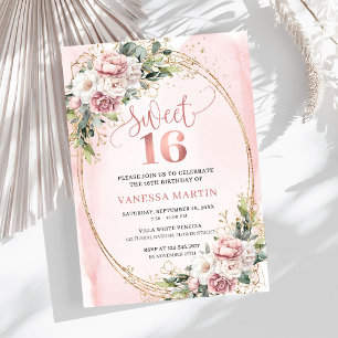 Garden Rose Gold Flowers and Greenery Sweet 16  Invitation