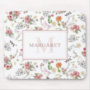 Garden Rose Pink Floral Watercolor Monogrammed Mouse Pad