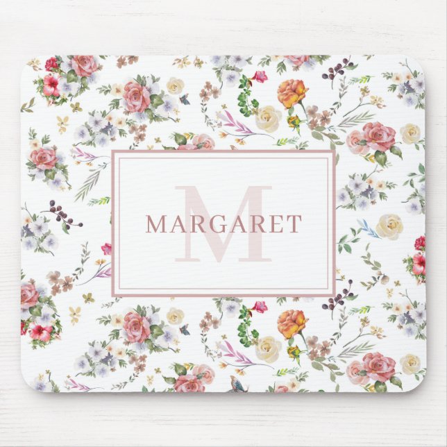Garden Rose Pink Floral Watercolor Monogrammed Mouse Pad (Front)