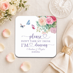 Garden Roses Butterfly Don't Take My Drink Wedding Square Paper Coaster