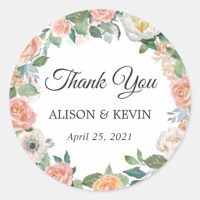 Garden Roses Floral Wreath Wedding Favour Thank Yo Classic Round Sticker (Front)