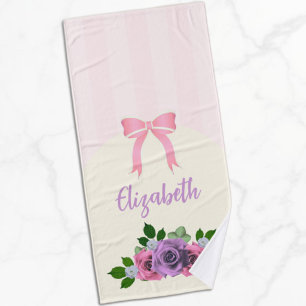 Garden Roses Pink Stripes Bath Towel