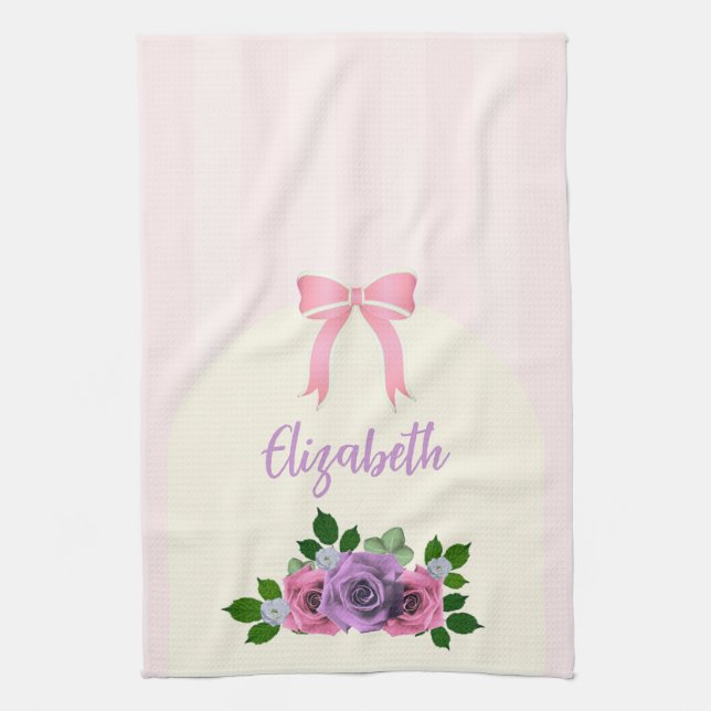 Garden Roses Pink Stripes Tea Towel (Vertical)