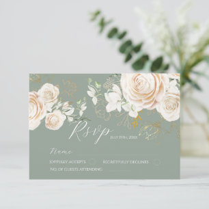 Garden Roses Sage Green Floral Elegant Wedding RSVP Card