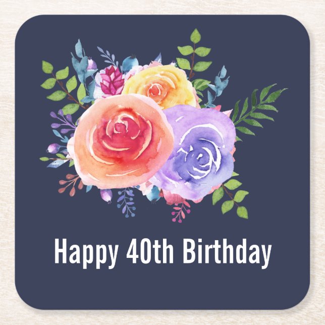 Garden Roses Watercolor Flowers Birthday Square Paper Coaster (Front)