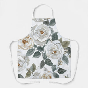 Garden Roses   White Watercolor Floral Vintage Apron