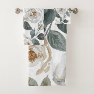 Garden Roses White Watercolor Floral Vintage Bath Towel Set