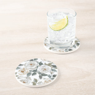 Garden Roses   White Watercolor Floral Vintage Coaster
