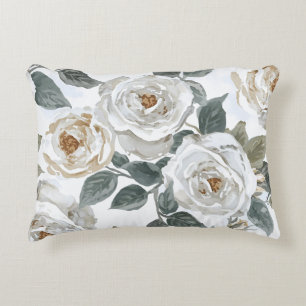 Garden Roses White Watercolor Floral Vintage Decorative Cushion