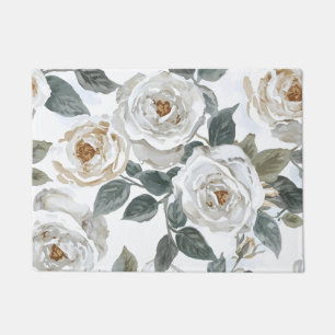 Garden Roses White Watercolor Floral Vintage Doormat